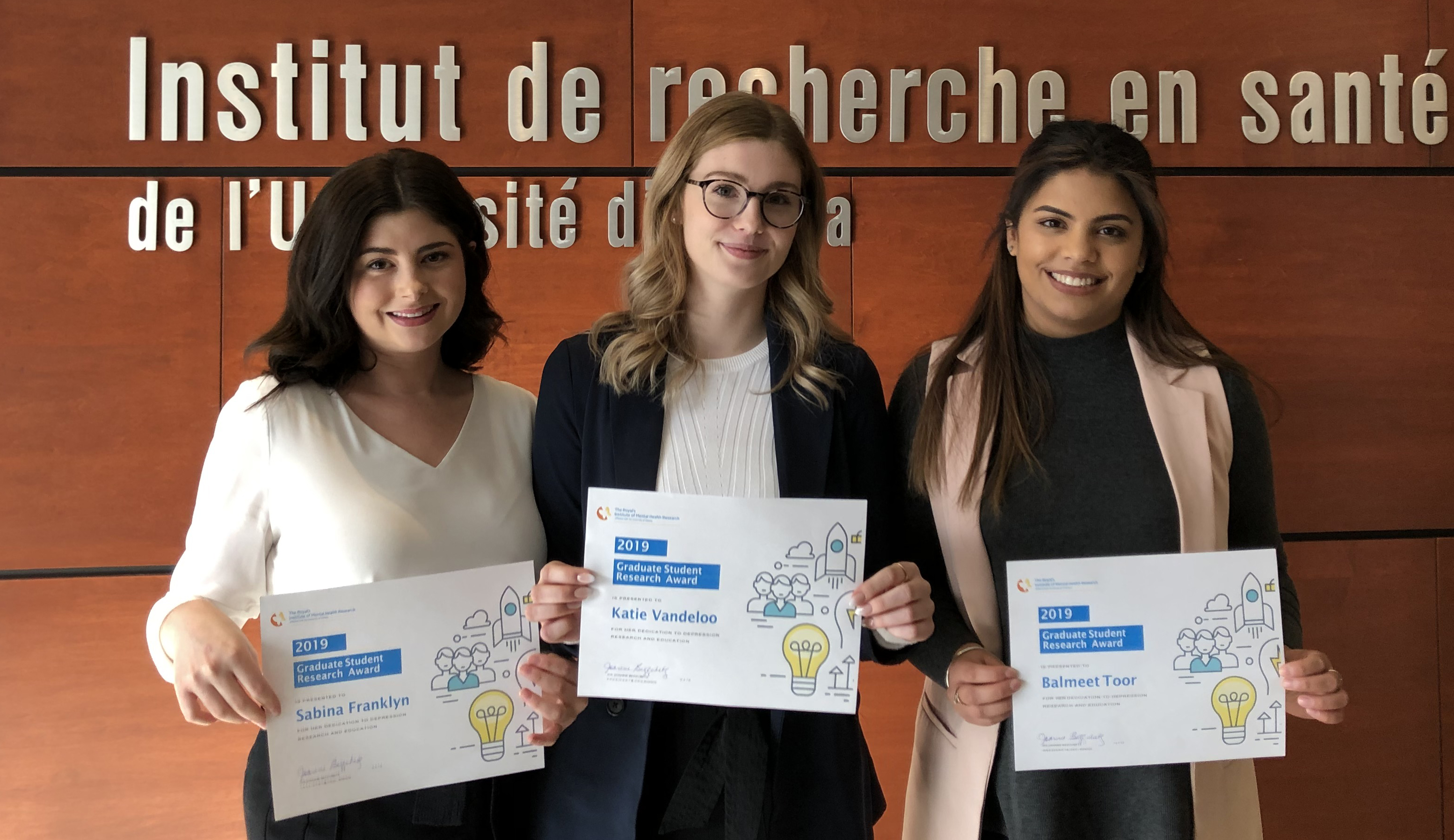 Sabina Franklyn, Katie Vandeloo et Balmeet Toor, les lauréates de 2019 des Bourses de recherche de l’IRSM aux étudiants diplômés.