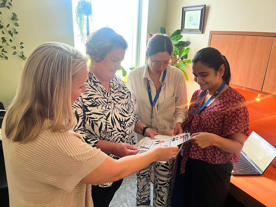 Prosocial modelling team looking at papers. 