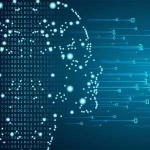 Cyber mind concept in form of women face outline with circuit board and binary data flow on blue background.