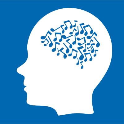 Outline of a head with music notes forming a brain.